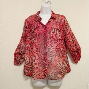 Rebecca Malone Red Black Print Sheer Top sz PL